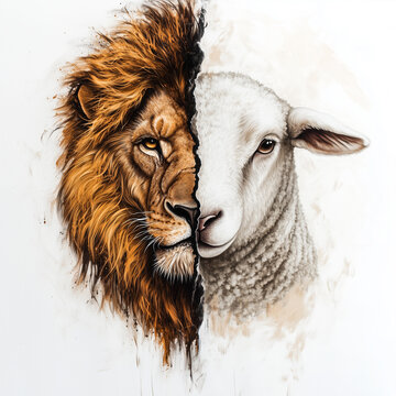 Powerful symbolic artwork of a lion and sheep split face representing strength, gentleness, duality, and contrast between power and innocence