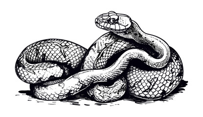 Obraz premium Snake vector illustration, vintage engraving serpent, black and white hand drawn art, asp silhouette, cobra sketch, viper reptile, isolated vector image, ink snake design