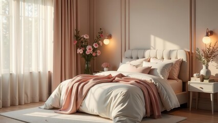 Serene Bedroom Sanctuary Soft Lighting, Plush Bedding, and Delicate Floral Arrangements Create a Peaceful and Inviting Atmosphere