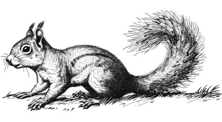 Black and white squirrel illustration, vintage engraving, vector ink sketch, forest animal silhouette, hand drawn image, wildlife etching, rustic nature art, woodland scene