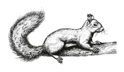 Hand drawn squirrel set, vintage engraving, vector ink sketch, forest background, animal silhouette, black and white illustration, detailed wildlife etching, nature inspired art