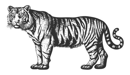 Vintage engraving tiger, vector illustration, ink sketch, Africa wild cat, black and white hand drawn image, animal silhouette, wildlife drawing, big cat, roaring predator