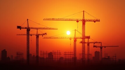 Construction Cranes Silhouette at Sunset