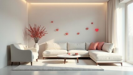 Serene Living Room Decor with Elegant White Sofa and Romantic Heart Accents