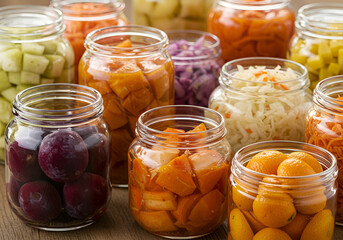 A vibrant collection of assorted fermented foods displayed in clear glass jars, featuring a colorful array of textures and hues from vegetables and fruits, symbolizing healthy probiotic rich cuisine,p