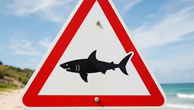 Caution shark warning sign against beach backdrop, safety alert