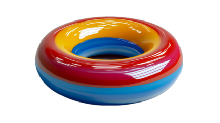 A colorful inflatable pool ring with vibrant red, yellow, and blue stripes, perfect for summer and beach-themed content on transparent background.