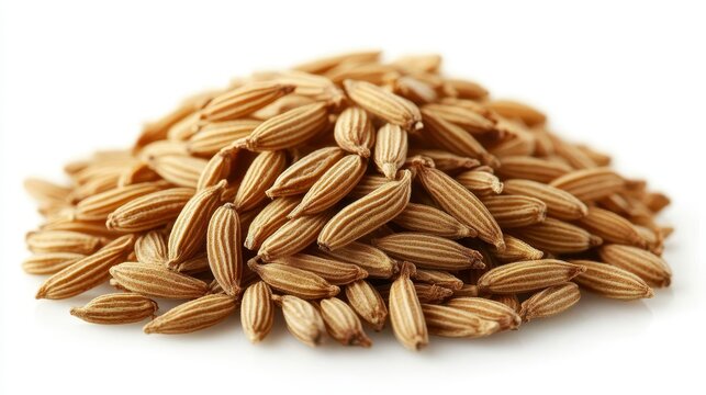 A cluster of golden cumin seeds, their aromatic essence radiating, rests majestically against a pristine, transparent backdrop, showcasing their natural beauty and culinary potential.