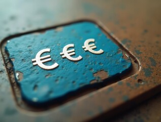 Worn blue button with euro symbols on surface