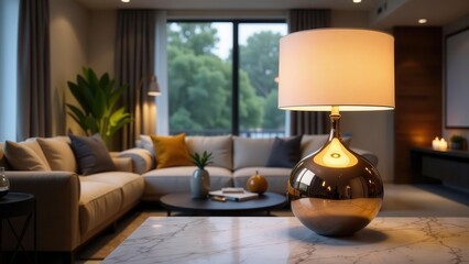 Illuminated Living Room with Modern Table Lamp and Cozy Atmosphere