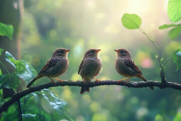 Obraz premium Three Little Birds - Sparrows Perched on Tree Branch in Wildlife Nature Scene
