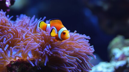 A vibrant clownfish, a miniature marvel of the marine world, nestled amongst the pulsating tentacles of a mesmerizing sea anemone, its bright yellow and white stripes contrasting against the pristine