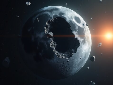 Shattered moon with floating rock fragments illuminated by distant sun