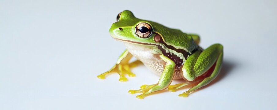 A vibrant green frog is posing on a plain white surface