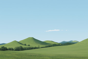 Obraz premium Rolling Hills Under Blue Sky: Capturing the beauty of rolling green hills under a clear blue sky. The scene exudes serenity, tranquility, and the freshness of nature.