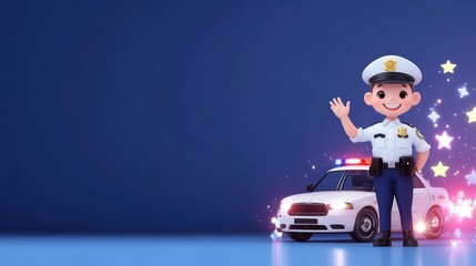 Fototapeta premium Friendly cartoon police officer waving near police car with magical sparkles, ample copy space.