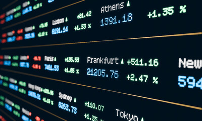 Obraz premium Stock market screen with ticker index information. Trading, investment, business, market research, analyzing. 3D illustration