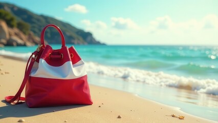 A stylish red and white bucket bag rests on a pristine sandy beach, gently caressed by the soft waves of a tranquil ocean, under a bright summer sky.