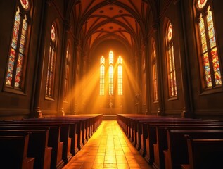 Fototapeta premium Golden light illuminating ancient cathedral interior