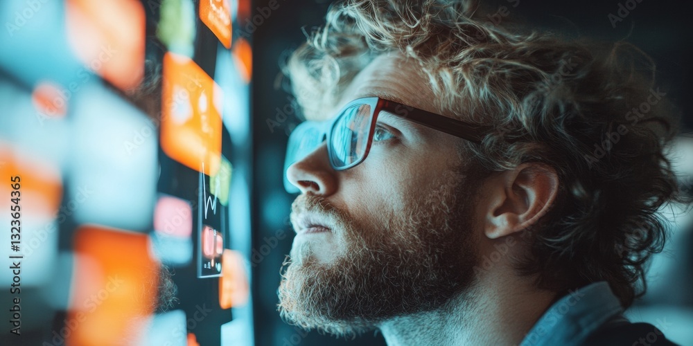 Poster Immersive Data Visualization Next-Gen Professional Analyzing Dynamic Performance Metrics with AI-Enhanced Workplace Intelligence and Hybrid Work Technology
