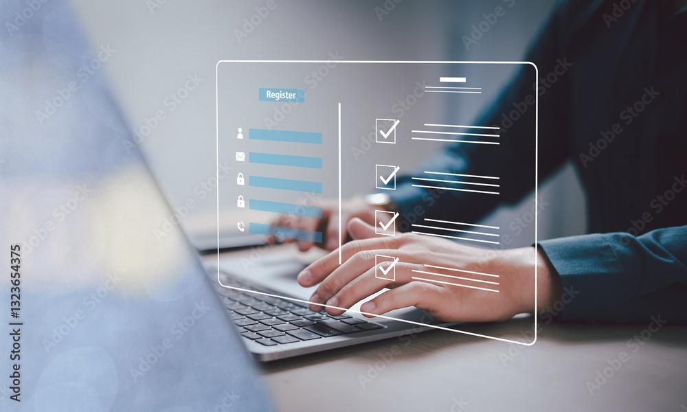 Fototapete Complete an online survey Register with an online registration form Register a new user Complete an application form with personal information to create an account on the website.