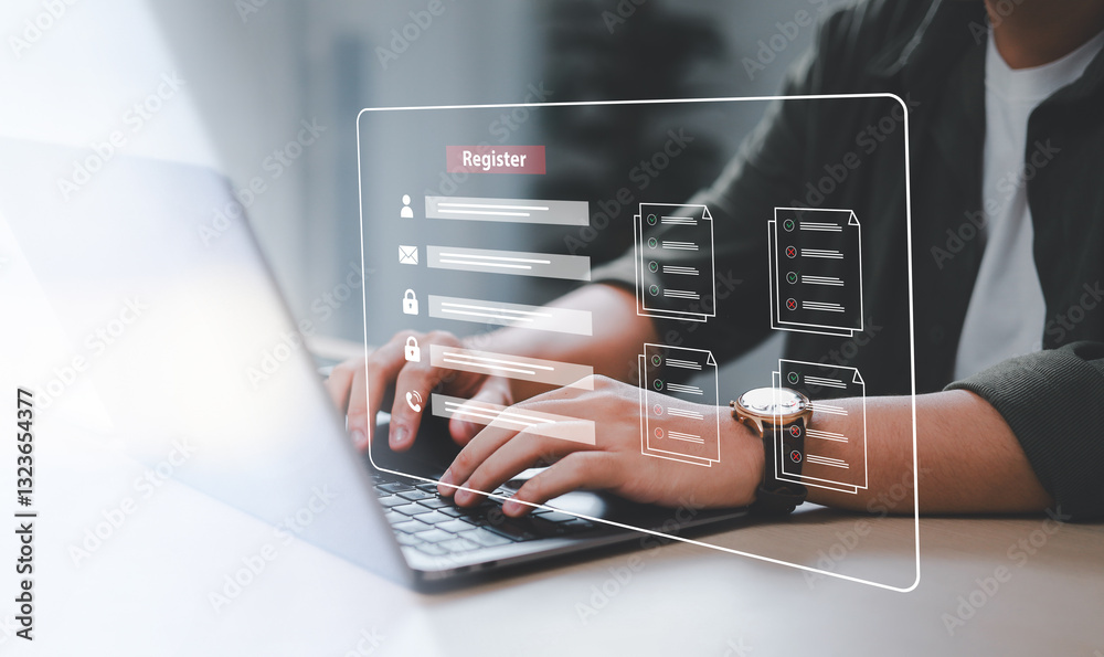 Leinwandbilder Complete an online survey Register with an online registration form Register a new user Complete an application form with personal information to create an account on the website.