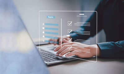 Complete an online survey Register with an online registration form Register a new user Complete an application form with personal information to create an account on the website.