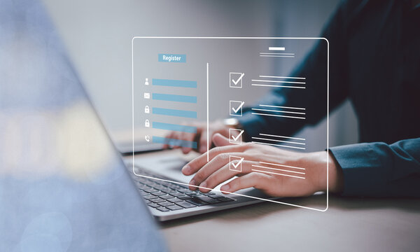 Complete an online survey Register with an online registration form Register a new user Complete an application form with personal information to create an account on the website.