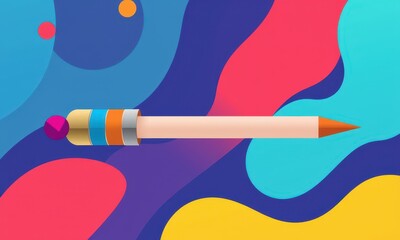 Abstract digital illustration featuring a colorful pencil floating against a vibrant, swirling multicolored background of blues, pinks, and yellows.