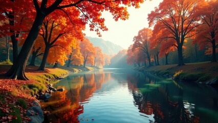 Autumnal River Scene Vibrant Maple Trees Reflecting in Calm Waters Under a Soft Sunrise