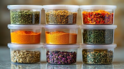 A stack of vibrant, transparent spice containers, each labeled with the name of their contents, stood proudly against a pristine, clear background, ready to be filled with the tantalizing aromas and