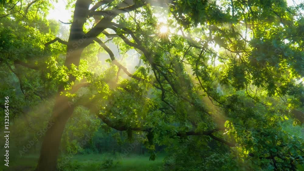 Poster sun rays break through the foliage of magnificent green tree. magical summer forest. beautiful summe