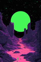 Alien Landscape: An illustration of a surreal alien landscape, featuring a bright green planet in a starry sky and a glowing pink river winding through towering rock formations, a lone figure.