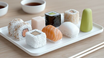 Assorted sushi and desserts creatively arranged on a plate, offering a delightful blend of flavors and textures.