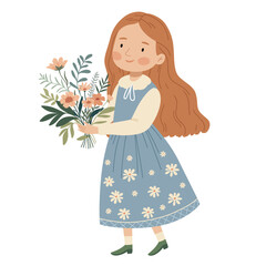 Vintage girl in an old-fashioned dress holding a bouquet of flowers. Girl from an old book. Spring character, pastel colors.