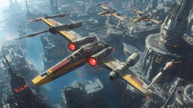 X-wings fly over futuristic city; battle scene, sci-fi game background