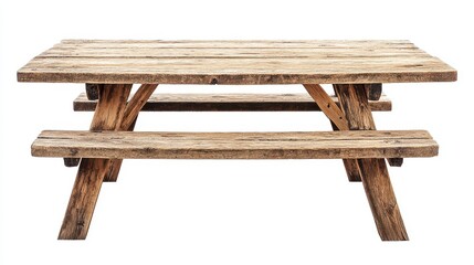 A simple, weathered picnic table of natural, light-brown wood, its rough surface inviting relaxation and conversation, stood majestically against a pristine, transparent background, symbolizing