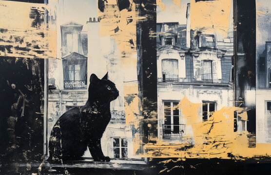 
Gel printing collage of black and white Cat on a window in Paris