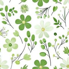 Seamless pattern with Green Floral Pattern with Botanical Spring Elements on White Background Fresh and Serene