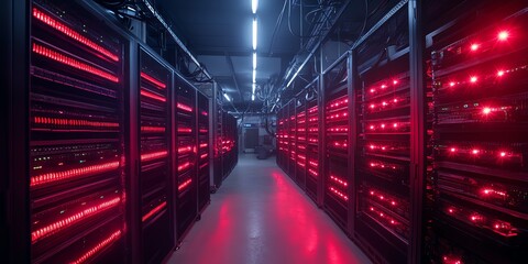 Fototapeta premium Walking Through Server Room with Rows of Glowing Red Lights