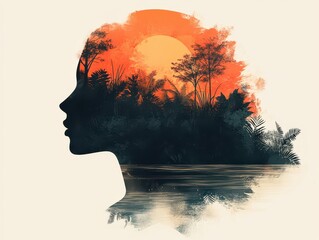 Silhouette of a person blended with a scenic landscape, featuring an orange sunset, lush trees, and a calm reflective lake, creating an artistic visual harmony