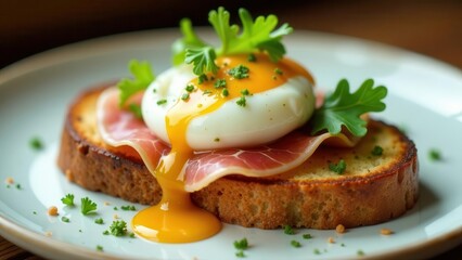 Delicious poached egg atop toasted bread with cured meat and herbs