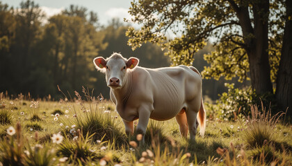 Fototapeta premium Curious cow grazing in sunny meadow, tranquil farm life
