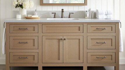 A functional bathroom vanity with drawers and a large mirror.