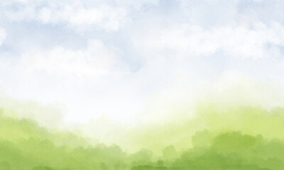 Summer rural landscape with hills under blue sky and white clouds. Horizontal seamless border. Watercolor digital illustration. View of green grass on mountain slope with blue sky and fluffy clouds