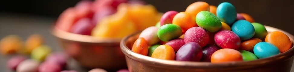 Row of colorful candies lined up in copper bowl, decoration, treats