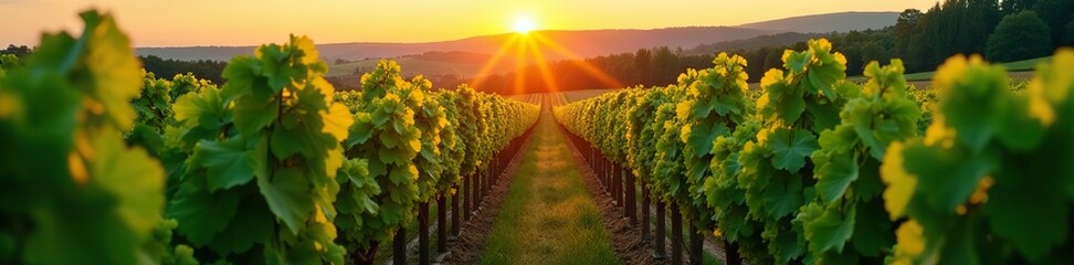 Fototapeta premium Rows of green grapes in a vineyard at sunrise, landscape, winery