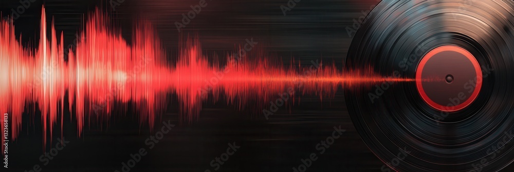 Poster Vinyl record texture with soundwaves in black and red showcasing rhythm and retro-modern design for creative projects