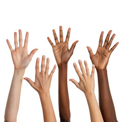 Diverse hands raised in the air on a transparent background