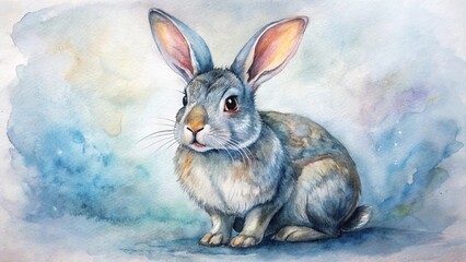 Fototapeta premium A Gentle Blue Rabbit Sits Serenely Against A Soft, Dreamy Watercolor Background Of Blues And Pale Golds